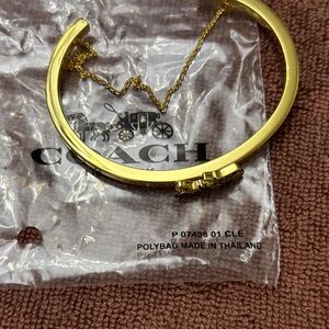 Coach Gold-Tone Hinged Bangle Bracelet with Safety Chain